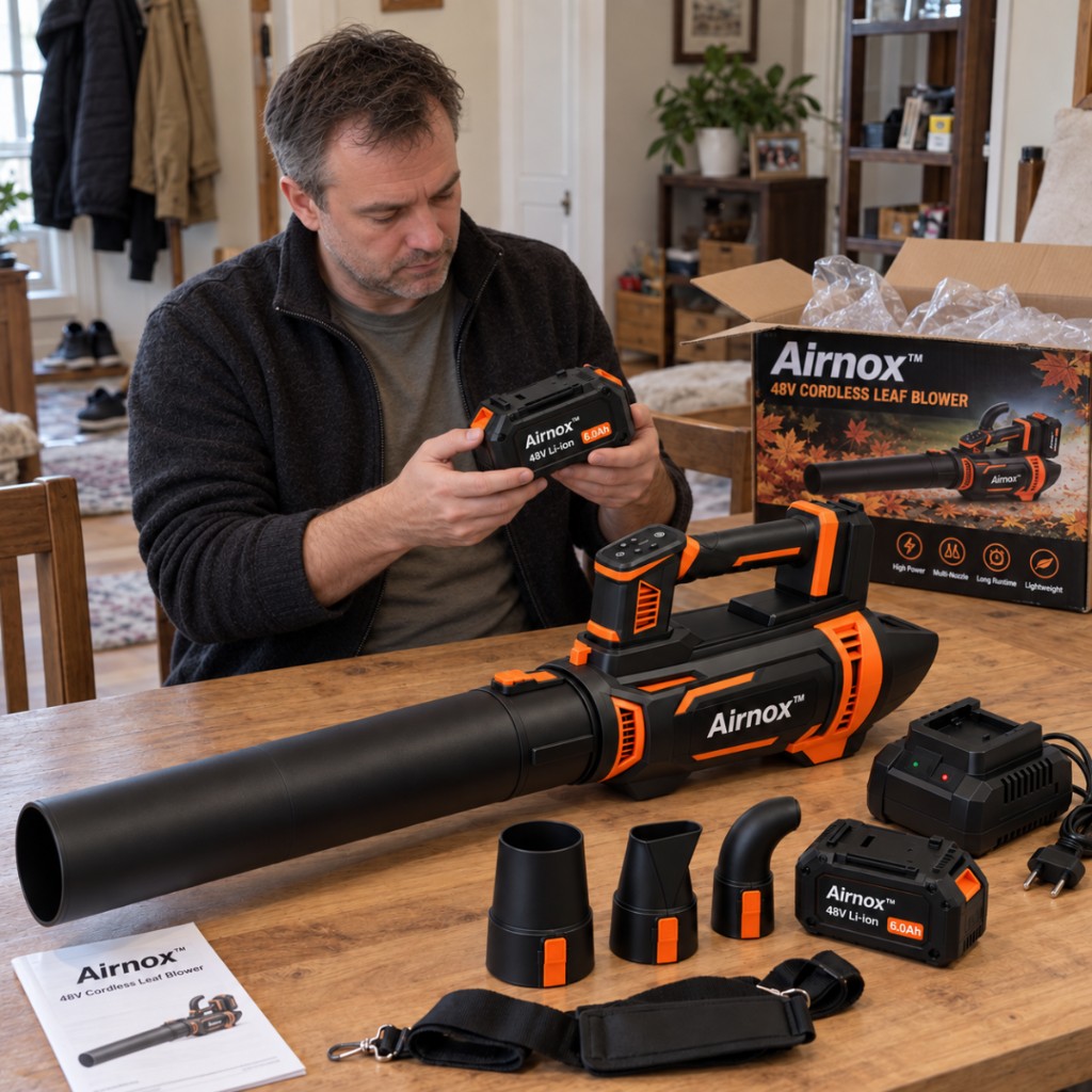 Airnox utilizzato per pulire foglie in giardino